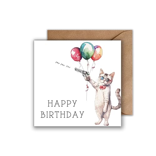 WBdesignz Geburtstag Karte mit Umschlag - Geburtstagskarte “Happy Birthday - pew-pew-pew!” Katze mit Sonnenbrille Revolver Luftballons Glückwunschkarte Geschenkkarte zum Geburtstag (125 x 125 mm) von WBdesignz