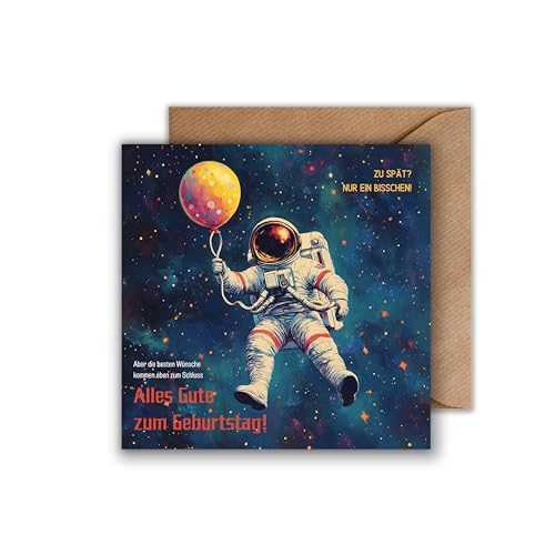 Geburtstag Karte mit Umschlag - Geburtstagskarte mit Spruch Astronaut mit Luftballon Abgespaced Weltall Sterne Retro Glückwunsch Verspätet Vergessen Verpasst Nachträglich Alles Gute (125 x 125 mm) von WBdesignz