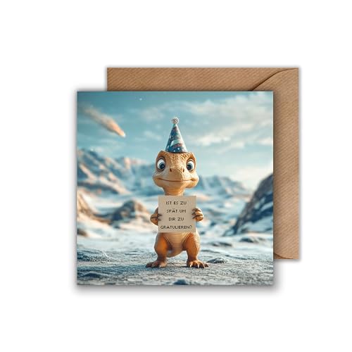 WBdesignz Geburtstag Karte mit Umschlag - Geburtstagskarte mit Spruch Dino Nachträglich Glückwunsch Verspätet Alles Gute Happy Birthday (125 x 125 mm) von WBdesignz