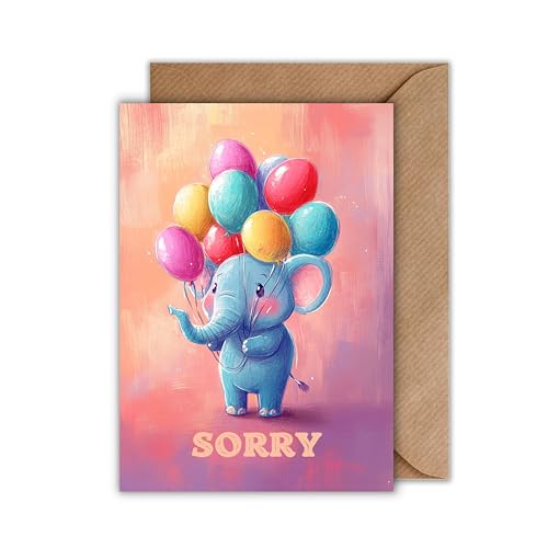 WBdesignz Entschuldigung Karte mit Umschlag - Sorry-Karte Wiedergutmachung Versöhnungskarte Reuekarte Elefant mit Luftbalons Tiere Acrylfarben (DIN A6) von WBdesignz