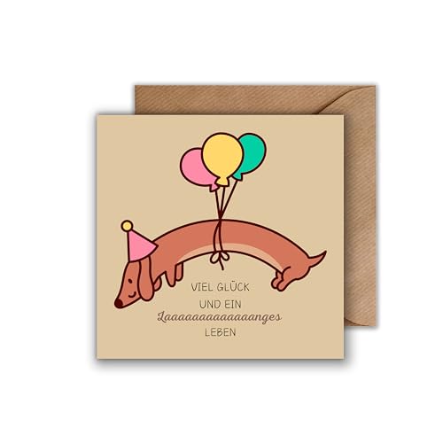 WBdesignz Geburtstag Karte mit Umschlag - Geburtstagskarte “Viel Glück und ein Laaaaaaanges Leben” mit Dackel und Luftballons Glückwunschkarte Geschenkkarte zum Geburtstag (125 x 125 mm) von WBdesignz