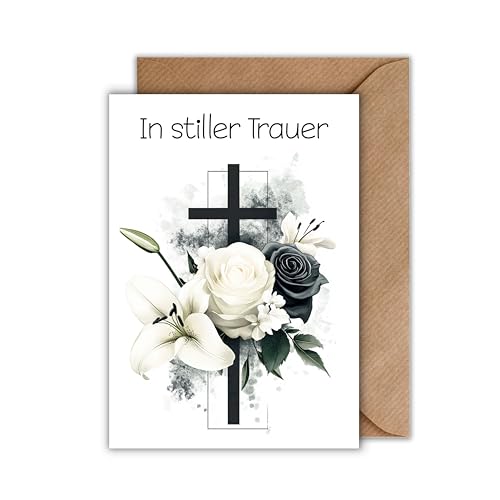 Trauer Karte mit Umschlag - Gedenkkarte "In stiller Trauer" Schwarzes Kreuz und Blumenstraus aus schwarzer Rose und weißer Rose und Lilie Aquarell Beileidskarte Trauerfeier Anteilnahme (DIN A6) von WBdesignz