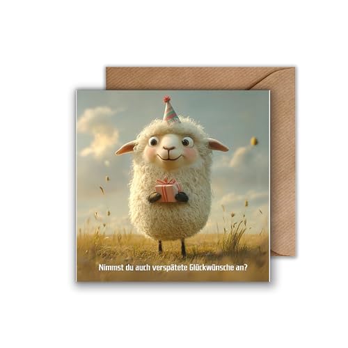 WBdesignz Geburtstag Karte mit Umschlag - Geburtstagskarte mit Spruch süßer Schaf mit Geburtstagsgeschenk Nachträglich Glückwunsch Verspätet Alles Gute Happy Birthday (125 x 125 mm) von WBdesignz