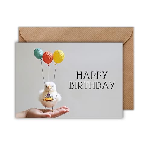 WBdesignz Geburtstag Karte mit Umschlag - Geburtstagskarte “Happy Birthday” Küken mit Torte und Luftballons Doodleart Glückwunschkarte Geschenkkarte zum Geburtstag (DIN A6) von WBdesignz