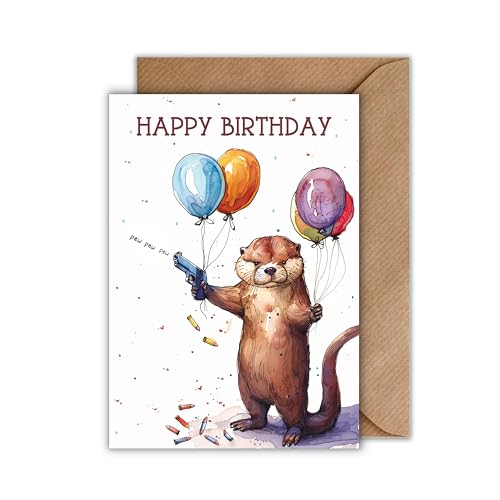 WBdesignz Geburtstag Karte mit Umschlag - Geburtstagskarte “Happy Birthday - pew-pew-pew!” Otter mit Sonnenbrille Revolver Luftballons Glückwunschkarte Geschenkkarte zum Geburtstag (DIN A6) von WBdesignz