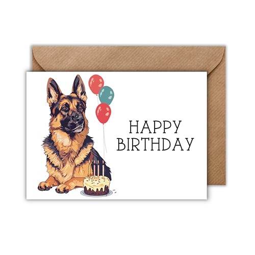 WBdesignz Geburtstag Karte mit Umschlag - Geburtstagskarte “HAPPY BIRTHDAY” Glückwunschkarte Geschenkkarte zum Geburtstag Deutscher Schäferhund mit Luftballons Torte Polizeihund Rettungshund (DIN A6) von WBdesignz