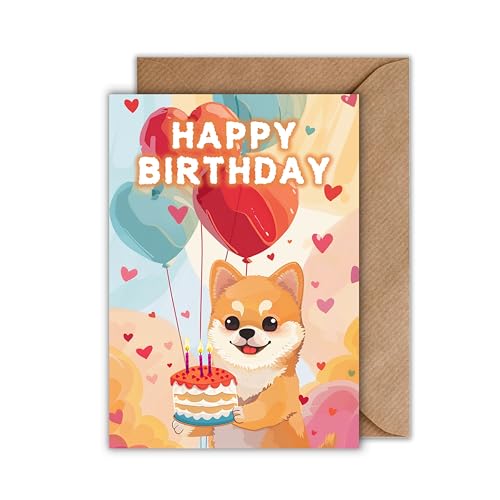 WBdesignz Geburtstag Karte mit Umschlag - Geburtstagskarte “HAPPY BIRTHDAY” Glückwunschkarte Geschenkkarte zum Geburtstag Shiba Inu mit Luftballons Torte Herzen (DIN A6) von WBdesignz