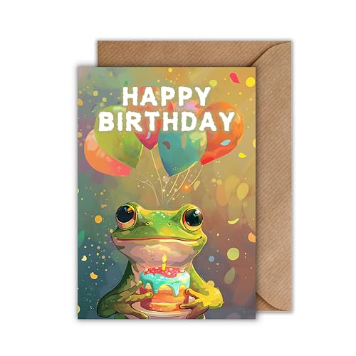 WBdesignz Geburtstag Karte mit Umschlag - Geburtstagskarte “Happy Birthday” Frosch mit Torteund Luftballons Konfetti Aquarell Glückwunschkarte Geschenkkarte zum Geburtstag (DIN A6) von WBdesignz