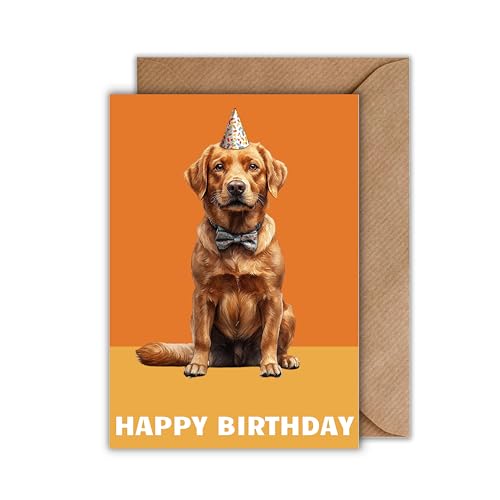 WBdesignz Geburtstag Karte mit Umschlag - Geburtstagskarte “Happy Birthday” Golden Retriever mit Partyhut und Fliege Glückwunschkarte Herzliche Geschenkkarte zum Geburtstag (DIN A6) von WBdesignz