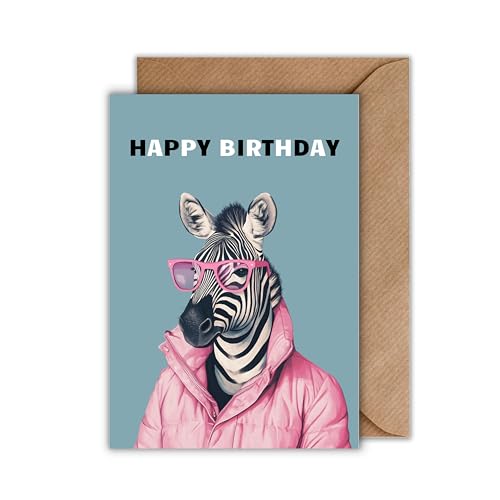 WBdesignz Geburtstag Karte mit Umschlag - Geburtstagskarte “Happy Birthday” Zebra rosa Jacke mit rosa Brille Glückwunschkarte Herzliche Geschenkkarte zum Geburtstag (DIN A6) von WBdesignz