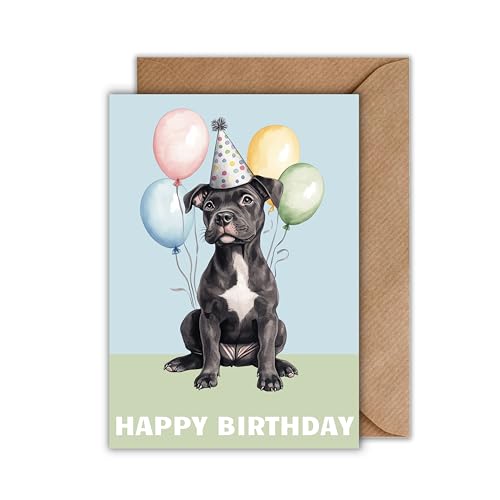 WBdesignz Geburtstag Karte mit Umschlag - Geburtstagskarte “Happy Birthday” deutscher Boxer Hund mit Partyhut Glückwunschkarte Herzliche Geschenkkarte zum Geburtstag (DIN A6) von WBdesignz