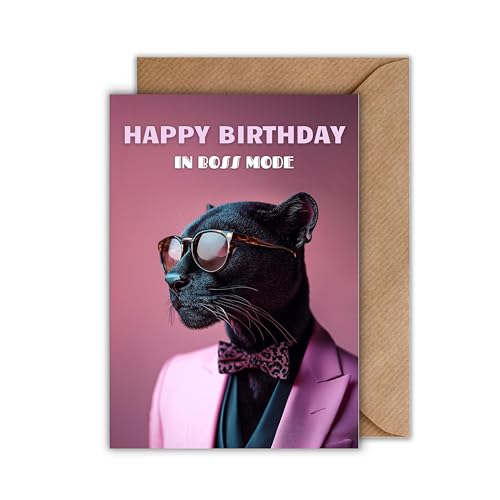 WBdesignz Geburtstag Karte mit Umschlag - Geburtstagskarte “Happy Birthday in Boss Mode” schwarzer Panther mit Sonnenbrille im Anzug Glückwunschkarte Herzliche Geschenkkarte zum Geburtstag (DIN A6) von WBdesignz