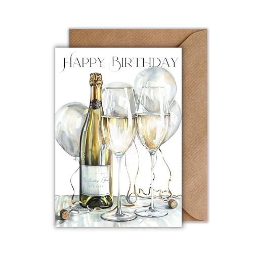 WBdesignz Geburtstagskarte mit Umschlag - Feierliche Geschenkkarte zum Geburtstag Sekt Glückwunschkart Sekt-Glas Happy Birthday (DIN A6) von WBdesignz