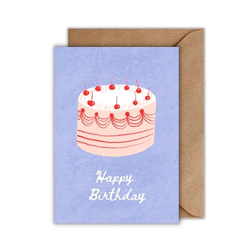 WBdesignz Geburtstagskarte mit Umschlag - Geburtstagskarte “Happy Birthday” Geburtstagstorte Vintage Retrostil 1950er Handzeichnung Glückwunschkarte Geschenkkarte zum Geburtstag (DIN A6) von WBdesignz