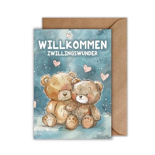 WBdesignz Glückwunschkarte zur Geburt von Zwillingen - Geschenkarte mit Umschlag Willkommen Zwillingswunder Babybarty Geburtsglückwunsch Babyglückwünsche Teddybär Bären Herzen Aquarell (DIN A6) von WBdesignz