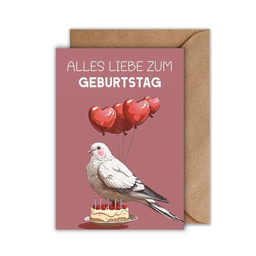 WBdesignz Geburtstag Karte mit Umschlag - Geburtstagskarte “Alles Liebe zum Geburtstag” Glückwunschkarte Geschenkkarte zum Geburtstag weiße Taube Luftballons Torte Herzen (DIN A6) von WBdesignz