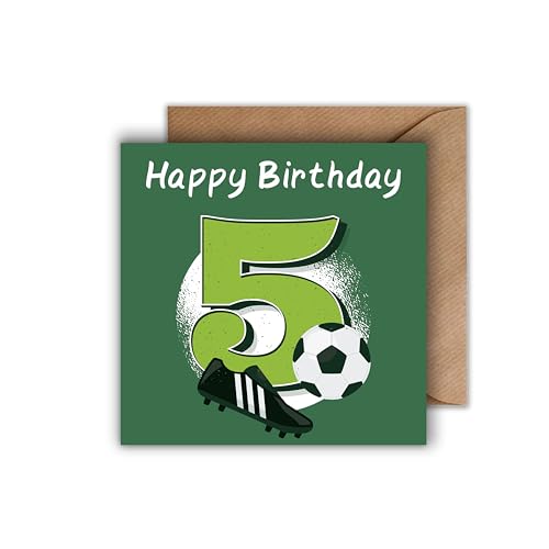 5. Geburtstag Karte mit Umschlag - Süße Kinder Geburtstagskarte “Happy Birthday 5” Fußball Glückwunschkarte Geschenkkarte zum 5ten Geburtstag Junge (125 x 125 mm) von WBdesignz