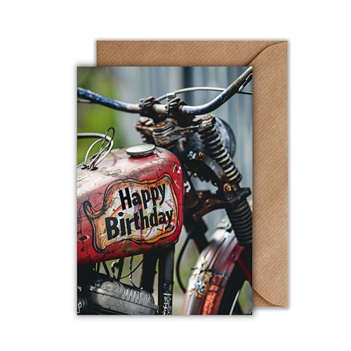 WBdesignz Motorrad Geburtstag Karte mit Umschlag - Vintage Geburtstagskarte für Männer “Happy Birthday” Glückwunschkarte Geschenkkarte Mann zum Geburtstag Happy Birthday Karte (DIN A6) von WBdesignz