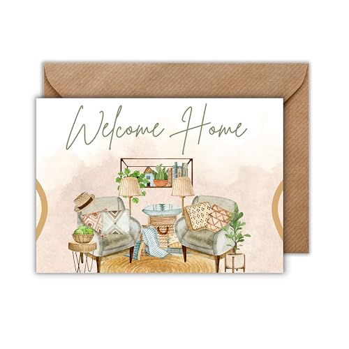 WBdesignz Glückwunsch Karte mit Umschlag - Einweihungskarte für Nachbarn Welcome Home Boho Stil Wohnzimmer Motiv Haus Kauf Neue Wohnung Einzug Willkommen Karte Geschenkkarte zum Umzug (DIN A6) von WBdesignz