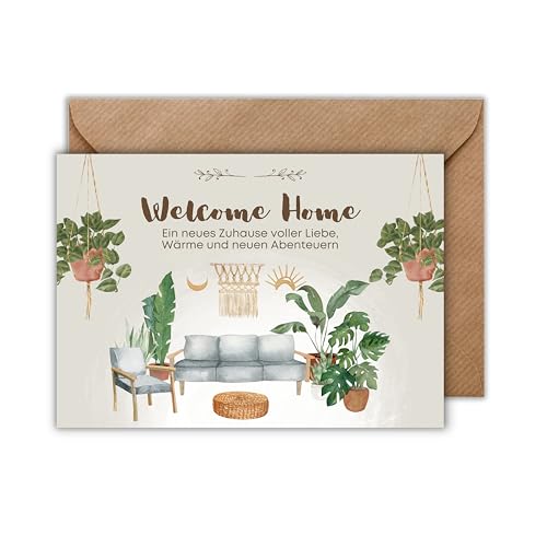 Glückwunsch Karte mit Umschlag - Willkommenskarte für Nachbarn "Welcome Home" Boho Wohnzimmer Zimmerpflanzen Haus Wohnung Kauf Einzug Neuanfang Einweihung Karte Geschenkkarte zum Umzug (DIN A6) von WBdesignz