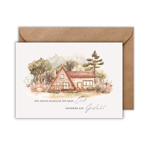 WBdesignz Glückwunsch Karte mit Umschlag - Willkommenskarte für Nachbarn Welcome Home Wald Haus Kauf Einzug Neuanfang Einweihung Karte Geschenkkarte zum Umzug (DIN A6) von WBdesignz