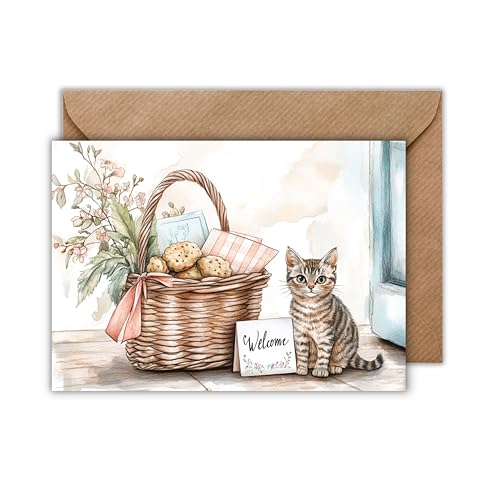 Glückwunsch Karte mit Umschlag - Willkommenskarte für Nachbarn "Welcome" Katze Willkommenskorb Gastfreundschaft Einzug Ferienwohnung Ferienhaus Urlaub Auszeit Einweihung Karte Geschenkkarte (DIN A6) von WBdesignz