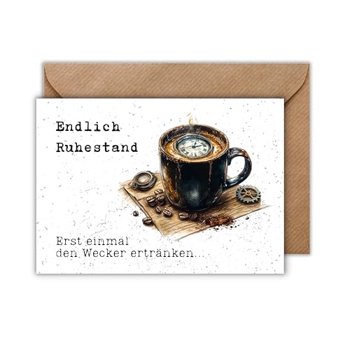 Ruhestand Karte mit Umschlag - Ruhestandskarte “Endlich Ruhestand. Erst einmal den Wecker ertränken...” Wecker im Kaffee Glückwunschkarte Geschenkkarte zur Rente Abschiedsgruß Neuanfang (DIN A6) von WBdesignz