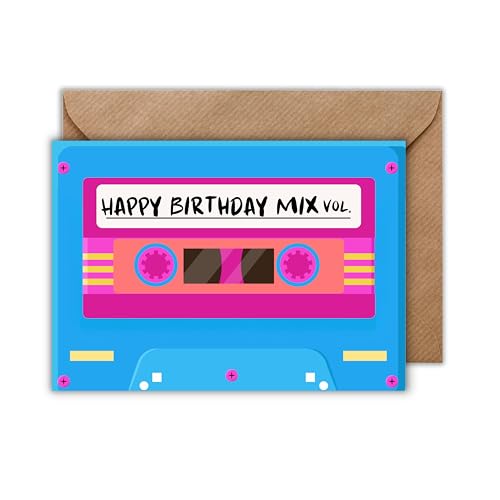 Gruß Karte mit Umschlag - Geburtstagskarte 80er 90 er Blaue Happy Birthday Mix Vol Tape Party Einladungskarte Vintage Retro Style Kasette Geschenkkarte Audiophil Nostalgie Musik Kindheit (DIN A6) von WBdesignz