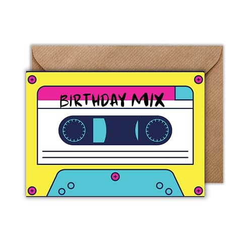 Gruß Karte mit Umschlag - Geburtstagskarte Oldschool Yellow Gelber Birthday Mix Tape Party Einladungskarte Vintage Musik Retro Stil Kasette Geschenkkarte Audiophil Nostalgie Musik Kindheit (DIN A6) von WBdesignz