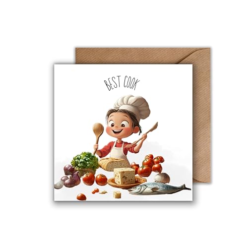 WBdesignz Grußkarte mit Umschlag - Best Cook Küchenliebhaber Hobby Kochkarte Geburtstagskarte Anerkennung Lebensmittel Essen Kochmütze Küche Dankeskarte (quadratisch - 125 x 125 mm) von WBdesignz