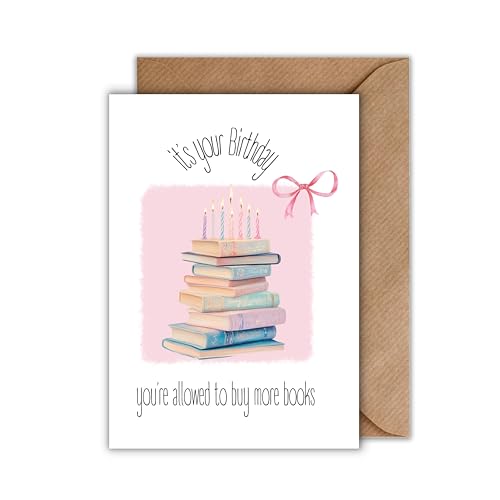 WBdesignz Geburtstagskarte für Buchliebhaber mit Umschlag- you're allowed to buy more books Bücher Geburtstag Grußkarte Bücherwurm Buch rosa Geschenk (DIN A6) von WBdesignz