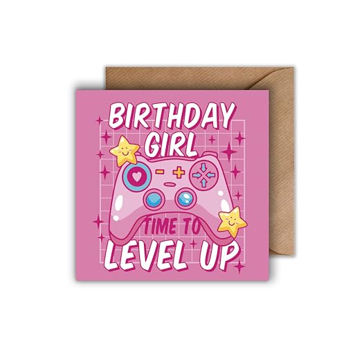 WBdesignz Geburtstag Karte mit Umschlag - Gamer Mädchen Geburtstagskarte Birthday Girl Level Up Glückwunschkarte zum Geburtstag (125 x 125 mm) von WBdesignz