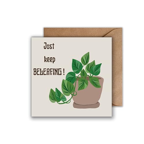 WBdesignz Motivation Karte mit Umschlag - Motivationskarte just keep BELEAFING! Trostkarten Pflanzen im Topf Ermutigungskarten Pflanze Blumen Aufbauende Sprüche Aufmunterungskarte von WBdesignz