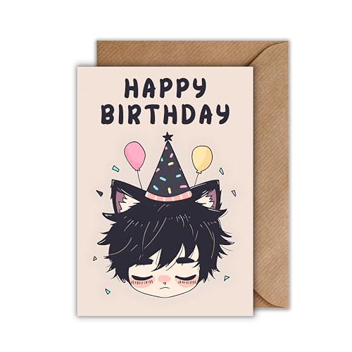 WBdesignz Anime Geburtstag Karte mit Umschlag - Anime Neko Boy Happy Birthday Animestil Geburtstagskarte Geschenkkarte Manga Otaku (DIN A6) von WBdesignz