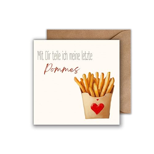 WBdesignz Einladungskarte mit Umschlag - Mit dir teile meine letzte Pommes Pommes Grußkarte Geburtstagskarte Essen Familie Freunde originelle lustige Karte Humor (quadratisch - 125 x 125 mm) von WBdesignz