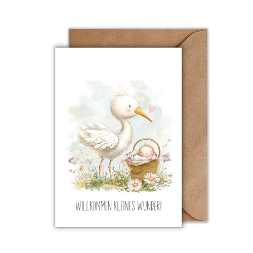 WBdesignz Baby Geburtskarte mit Umschlag - Babygrusskarte Willkommen kleines Wunder herzliche Glückwünsche zur Geburt Storch Baby Nichte Neffe Gänseblumen Eltern Babykarte Geburtsgruß (Din A6) von WBdesignz