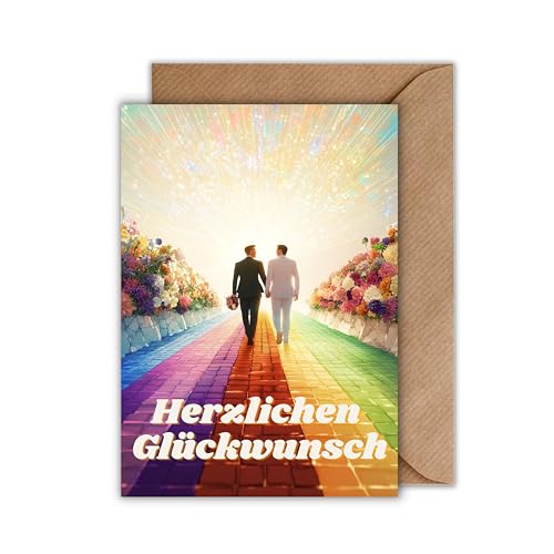 WBdesignz Queer Hochzeit Karte mit Umschlag Glückwunschkarte zur Trauung für Männer Regenbogen Straße Sonnenuntergang Blumen Anzug Brautpaar Gay Liebe Verlobung Hochzeitskarte LGBTQ+ (DIN A6) von WBdesignz