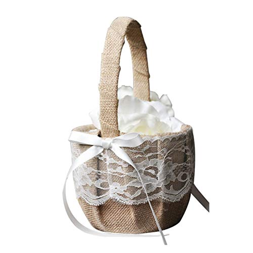 WCNMB Blumenkorb Retro Jute Jute Spitze Hochzeit Blumenkorb Blumenmädchen Korb für Hochzeit Dekoration Aufbewahrungskorb Hängekorb Festival Zeremonie (Farbe: Q, Größe: 13 x 22 cm) von WCNMB