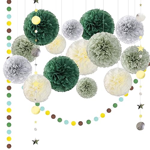 WD&CD 16 Stück Party Deko Seidenpapier Pompons Grün und Dots Stern Girlande, Waldgrün Tissue Papier Pom Poms und Dots Papier Girlande, Party Dekorationen für Hochzeit von WD&CD