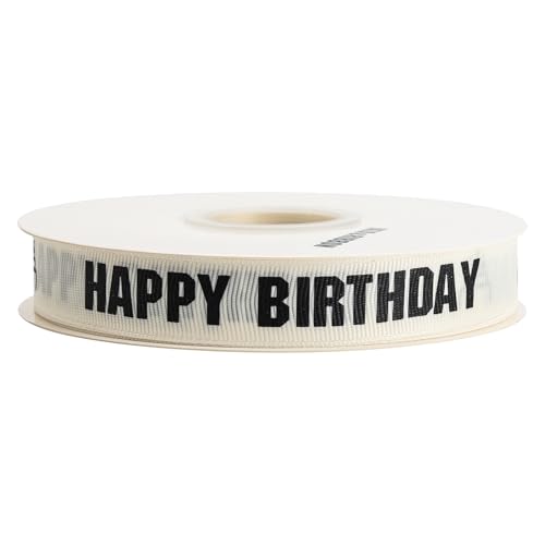 WDAGEOT Elfenbeinfarbenes Ripsband, 1,9 cm x 45,7 m, verwendet für Schleifensträuße, Geschenkverpackungen, Hochzeiten, Einladungen, Blumendekoration, DIY Handwerk (Schwarz Happy Birthday) von WDAGEOT