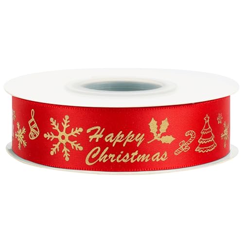 WDAGEOT Weihnachts-Ripsband, 2,5 cm x 22 m, verwendet für Schleifensträuße, Geschenkverpackungen, Hochzeiten, Einladungen, Blumendekoration, DIY Handwerk (Rot Happy Christmas) von WDAGEOT