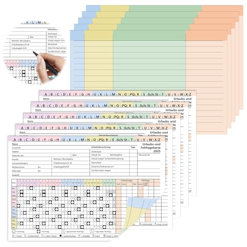 30 Stück Urlaubsplaner 2025 Mitarbeiter A5 Stundenbuch für Arbeit A5 Formulare mit Grafischer Darstellung Bürobedarf Querformat A5 Karteikarten für Grafisches Symbol Urlaub und Fehltagekarte Notizkart von WDFCN