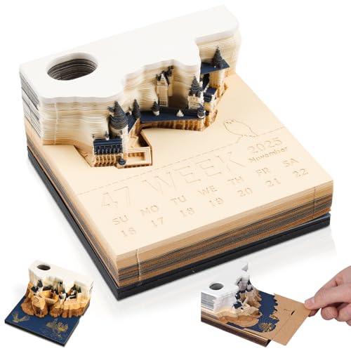 2025 3D Tischkalender-Notizblock, 3D Notizblock Kalender 2025 mit Licht und Stifthalter, 3D Kalender Abreißen 2025, Magic Castle 3D-Notizblock, Kreative 3D Diy Desktop-Ornament von WDJLNZB