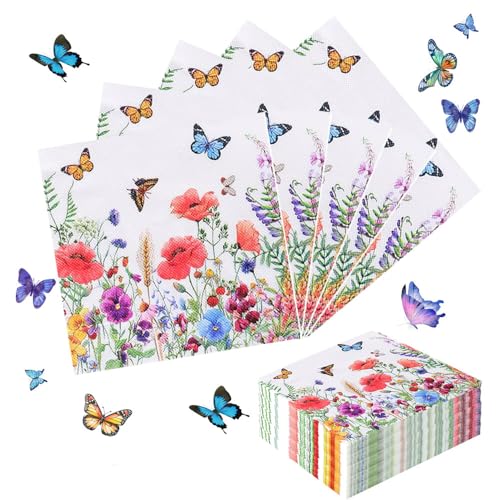 WDKXCN Servietten Blumen, 100 Stück Servietten Sommer, 33 x 33CM Servietten mit Blumenwiese Schmetterlinge, Servietten Gartenparty Dekoration für Geburtstage, Hochzeiten und Picknick von WDKXCN