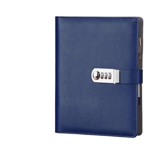 WDSBZNB Tagebuch Mit Schloss A5-Leder-Padfolio-Geschäftsreise-Notizbuch-Planer-Portfolio mit Passwortsperre, lose Blätter, 6-Loch-Ringbuch(A5 Blue) von WDSBZNB