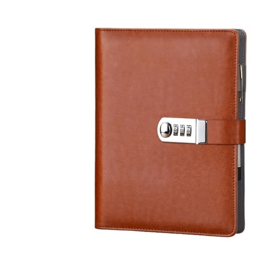 WDSBZNB Tagebuch Mit Schloss A5-Leder-Padfolio-Geschäftsreise-Notizbuch-Planer-Portfolio mit Passwortsperre, lose Blätter, 6-Loch-Ringbuch(A5 Brown) von WDSBZNB