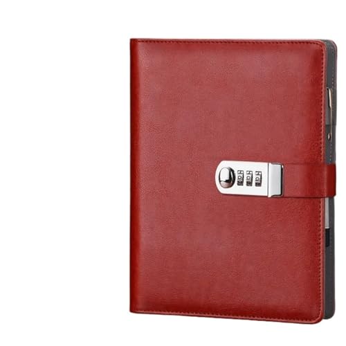 WDSBZNB Tagebuch Mit Schloss A5-Leder-Padfolio-Geschäftsreise-Notizbuch-Planer-Portfolio mit Passwortsperre, lose Blätter, 6-Loch-Ringbuch(A5 red) von WDSBZNB