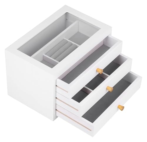 WDWDW Aufbewahrungsbox für Schmuck, Schmuck-Organizer, große Schmuckschatulle aus Holz, Organizer für Ohrringe, Halsketten und Armbänder, 3-lagige Schmuckvitrine aus Holz mit 3 Schubladen, Armband von WDWDW