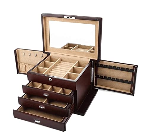 WDWDW Schmuck-Organizer, Schmuckschatulle, europäische Schmuckschatulle aus Holz, mehrschichtig, mit Schloss, Aufbewahrungsbox für Armbänder, Halsketten, Ringe, Schmuckschatullen für Frauen von WDWDW