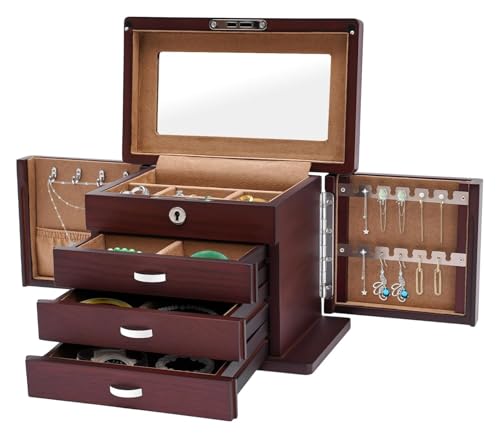 WDWDW Schmuckaufbewahrungsbox, Schmuck-Organizer, kleine hölzerne Schmuckschatulle für Frauen, 4-lagige, abschließbare Schmuckaufbewahrung mit Spiegel und 3 Schubladen, Vintage-Schmuck-Organizer-Box von WDWDW